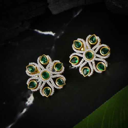 MUGGU 92.5 GOLD PLATED SILVER EARRING WITH GREEN AND WHITE CZ STONES