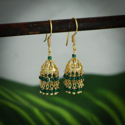 92.5 GOLD PLATED JHUMKA WITH GREEN HYDRO BEADS