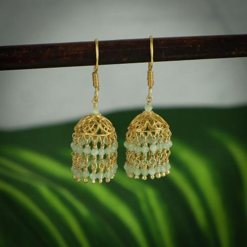 92.5 GOLD PLATED JHUMKA WITH LIGHT GREEN MONALISA BEADS