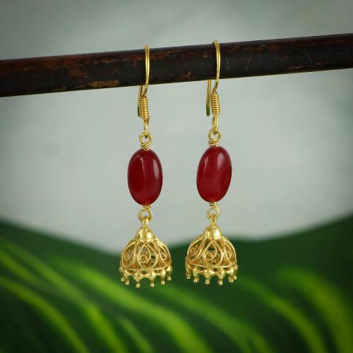 92.5 GOLD PLATED JHUMKA WITH RED HYDRO BEADS
