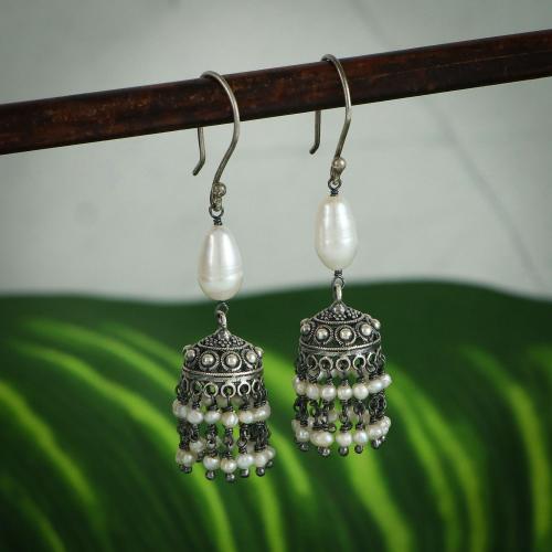 92.5 OXIDIZED SILVER JHUMKA WITH PEARL BEADS
