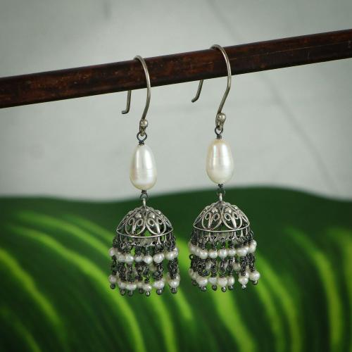 92.5 OXIDIZED SILVER JHUMKA WITH PEARL BEADS