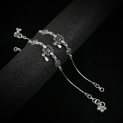 OXIDISED SILVER MULTI COLOUR STONE ANKLETS