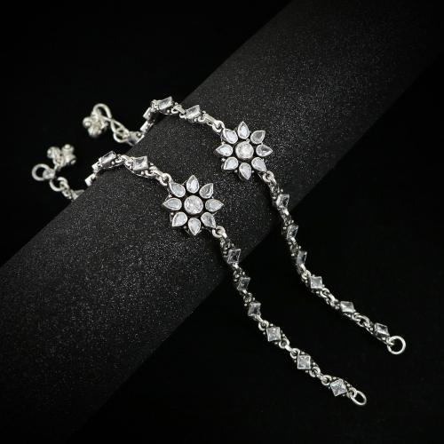 OXIDISED SILVER CZ STONE ANKLETS