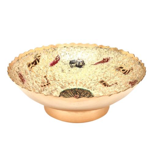 BRASS FRUIT BOWL WITH FLOWER DESIGN PAINTED