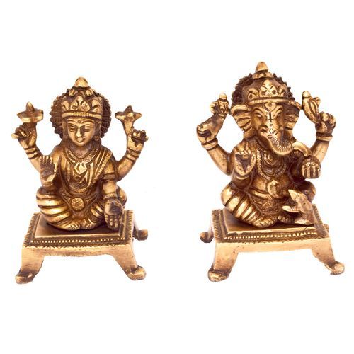 BRASS GANESHA LAKSHMI SITTING ON CHOWKI