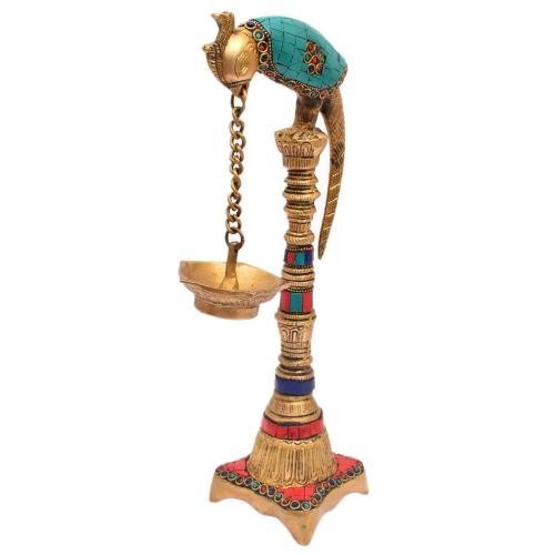BRASS PARROT LAMP WITH STONE WORK
