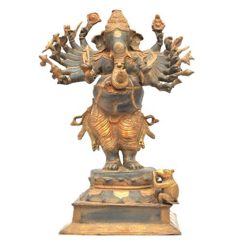 BRASS GANESHA 16 HANDS STANDING   ANTIQUE FINISH