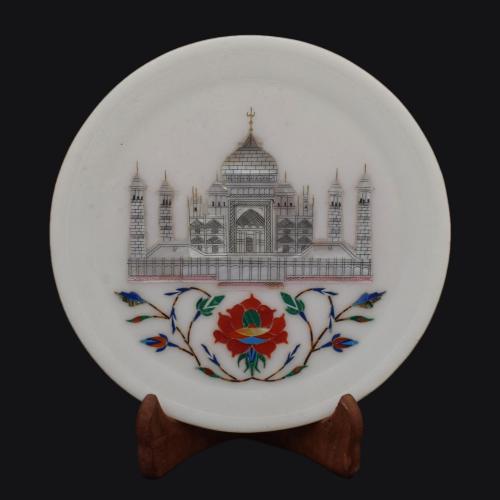MARBLE TAJ INLAY PLATE WITH STAND