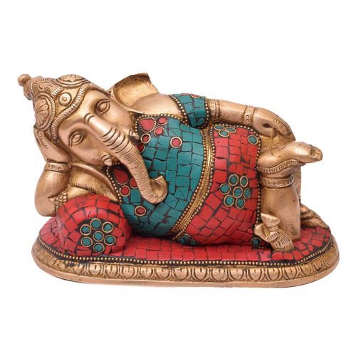 BRASS GANESHA RESTING WITH STONE WORK