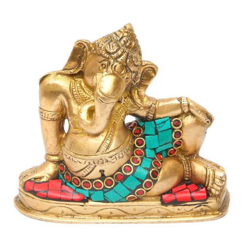 BRASS GANESHA LYING WITH STONE WORK