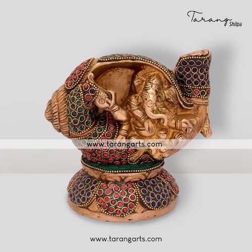 SHANKU GANESHA STATUE WITH STONE WORK BRASS IDOL BRASS SCULPTURES HOME DECOR TARANG HANDICRAFTS