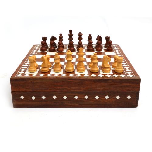 WOODEN CHESS BOARD AND MEN WITH INLAY WORK