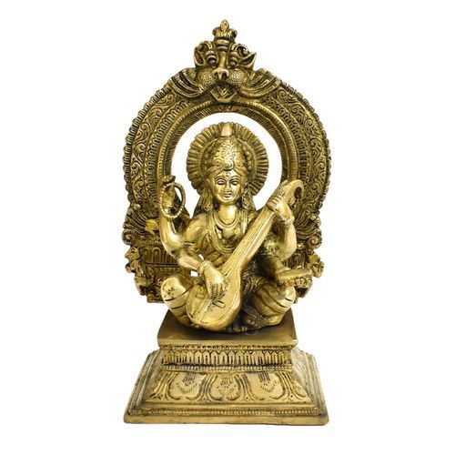 BRASS SARASWATHI IDOL WITH PRABHAVALI