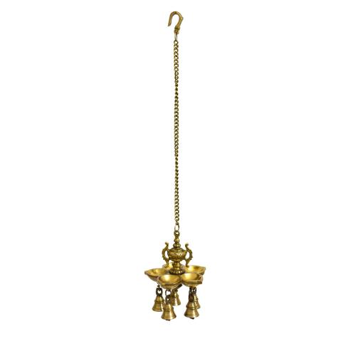 BRASS HANGING OIL LAMP WITH BELL