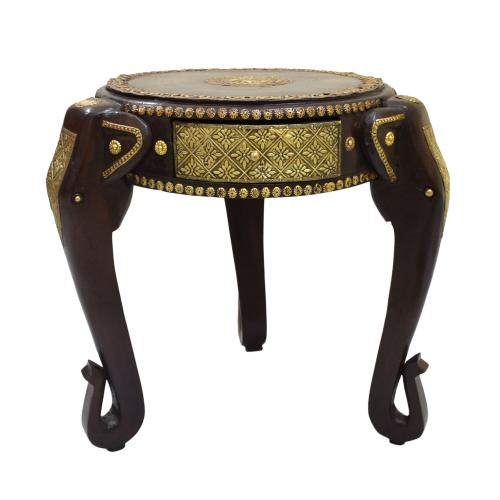 WOODEN ELEPHANT ROUND STOOL WITH BRASS WORK