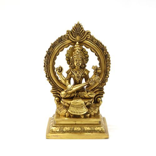 BRASS SARASWATHI IDOL WITH PRABHAVALI