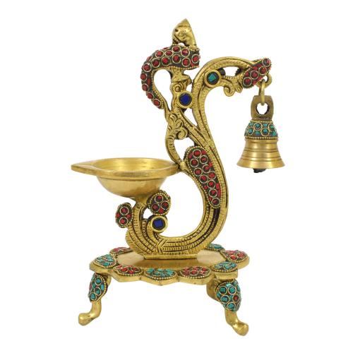 BRASS PARROT OIL DEEPA WITH STONE WORK
