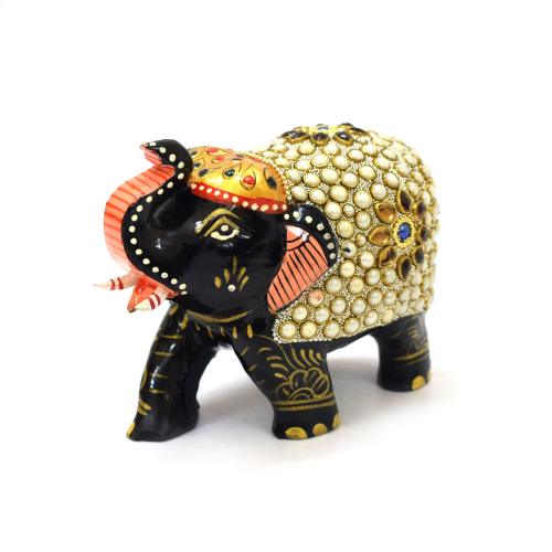 WHITE WOODEN ELEPHANT WITH PEARL WORK FOR HOME DECOR