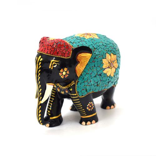 WHITE WOODEN ELEPHANT WITH STONE WORK FOR HOME DECOR