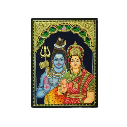 TANJORE PAINTING SHIVA PARVATHI WITH ANTIQUE FINISH