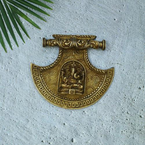 BRASS GANESHA FAN WALL HANGING WITH ANTIQUE FINISH