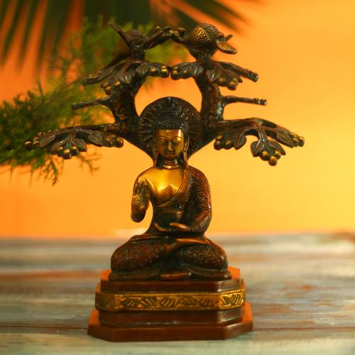 BRASS BUDDHA TREE IDOL WITH ANTIQUE FINISH