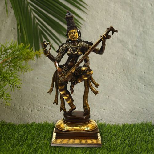 BRASS SARASWATHI IDOL WITH ANTIQUE FINISH