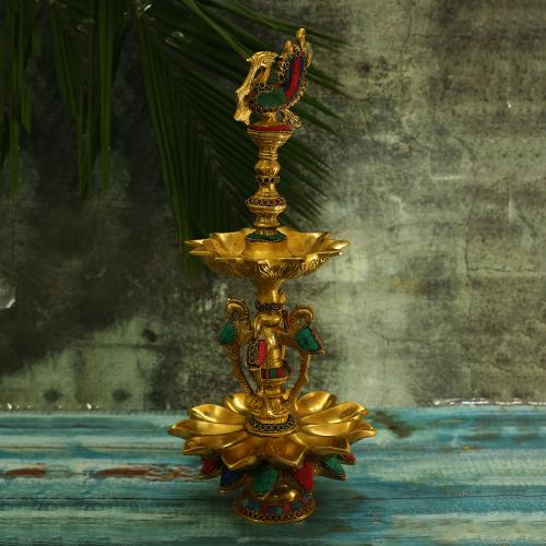 BRASS PEACOCK OIL LAMP WITH STONE WORK