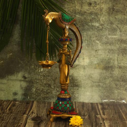 BRASS PARROT OIL LAMP WITH STONE WORK