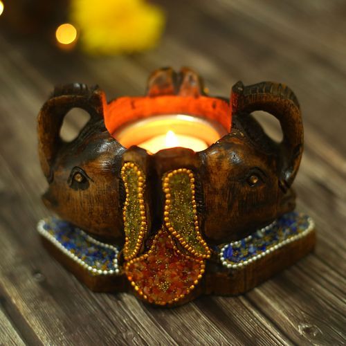WOODEN ELEPHANT CANDLE STAND WITH STONE WORK
