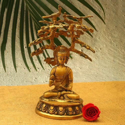 BRASS BUDDHA IDOL WITH TREE