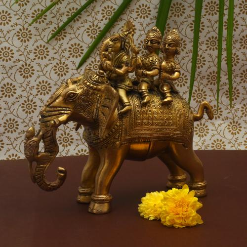 BRASS SIDDHI BUDDHI GANESHA IDOL WITH ELEPHANT
