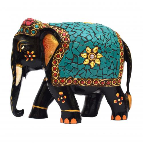 WOODEN ELEPHANT WITH STONE WORK