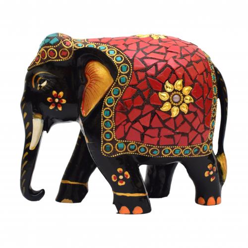 WOODEN ELEPHANT WITH STONE WORK
