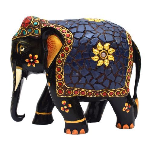 WOODEN ELEPHANT WITH STONE WORK