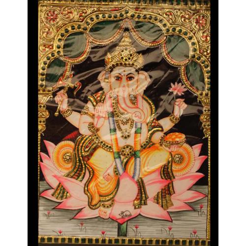22ct Gold Handmade Lord Ganesha on Lotus Tanjore Painting