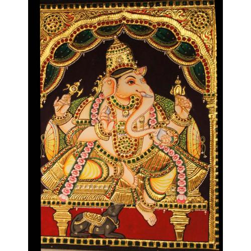 22ct Gold Lord Ganesha Sitting in Mantap Tanjore Painting