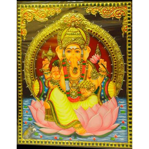 22ct Gold Handmade Lord Ganesha on Lotus Tanjore Painting