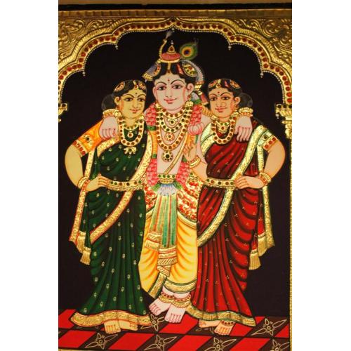 22ct Gold Handmade Lord Krishna Bama Rukmani Tanjore Painting