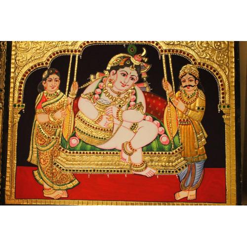 22ct Gold Handmade Lord Balakrishna Swing Tanjore Painting