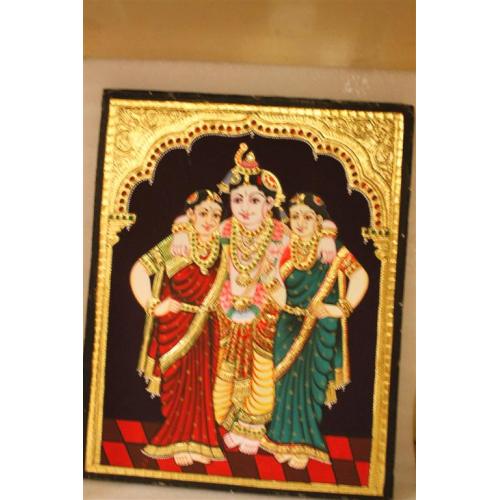 Gold Plated Handmade Lord krishna Bama Rukmani Tanjore painting 