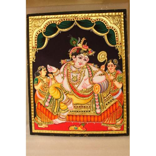 Gold Plated Handmade Lord krishna sitting Tanjore painting 