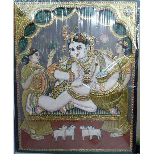 22ct Gold Handmade Lord Krishna Dancing Tanjore Painting