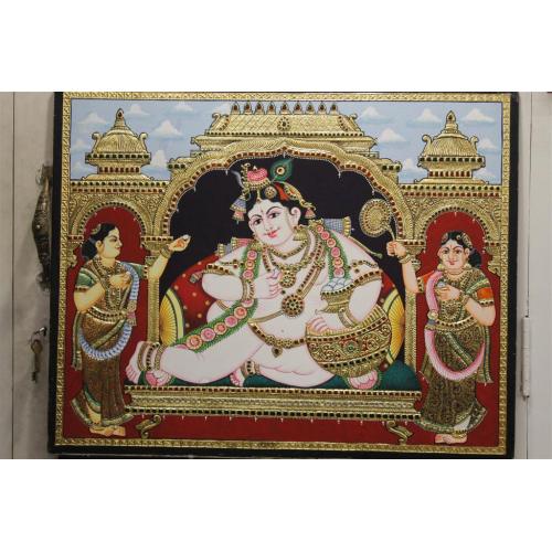 22ct Gold Handmade Lord Krishna in mantap Tanjore Painting