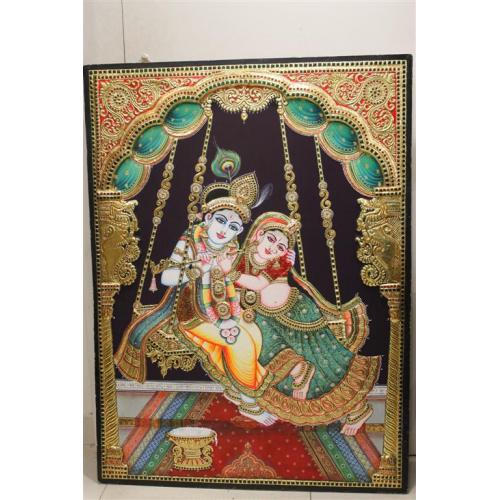 22ct Gold Handmade Lord Radha Krishna Swing Tanjore Painting