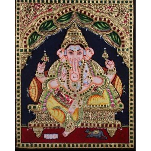 22ct Gold Lord Ganesha Sitting in Mantap Tanjore Painting