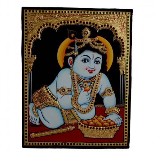 22ct Gold Handmade Lord Krishna Eating Laddu Tanjore Painting