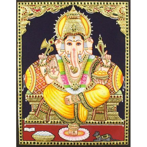 TANJORE PAINTING YELLOW DHOTHI GANESHA EMB