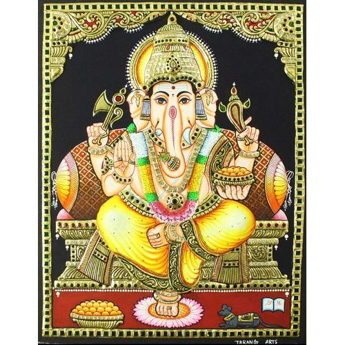 TANJORE PAINTING YELLOW DHOTHI GANESHA EMB